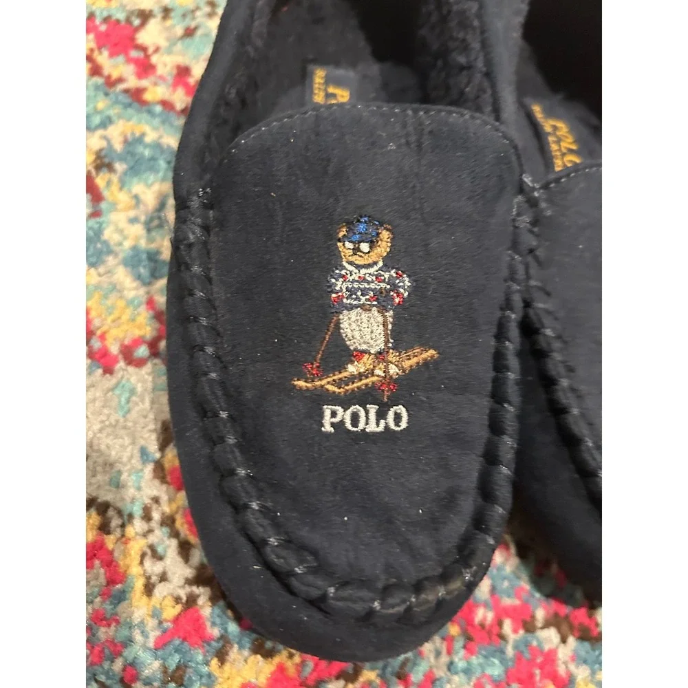 Polo Ralph Lauren Kids‎ Navy Blue Skiing Polo Bear Slippers Moccasins Size 4